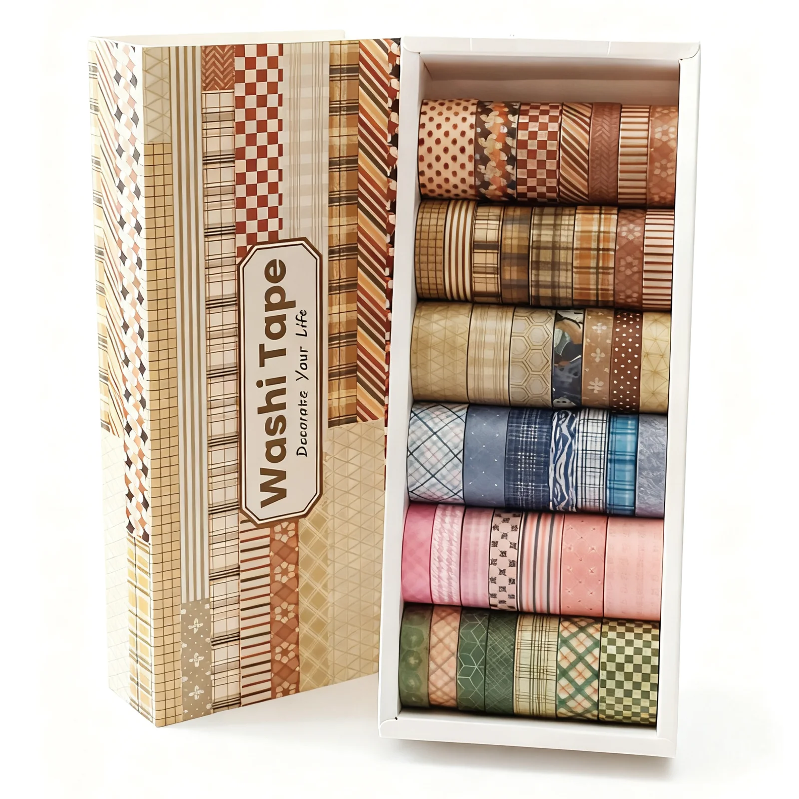 Juego de 42 rollos de cintas Washi a cuadros, cintas decorativas marrones para álbum de recortes, suministros para diarios basura, manualidades para diario de balas, bricolaje