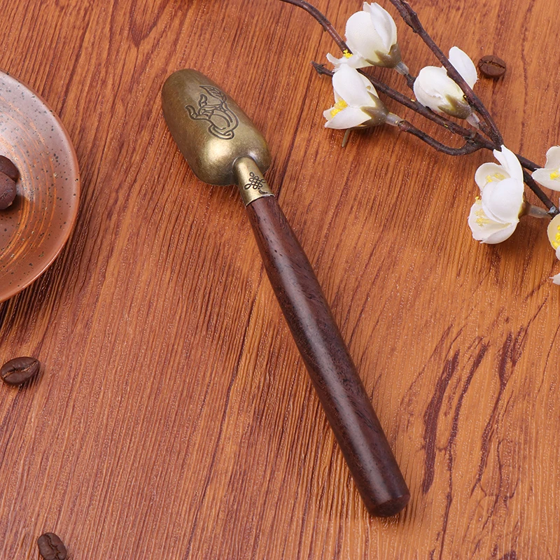 【New】Wooden Handle Tea Shovel Tea Spoon Copper Ebony Coffee Scoops Tableware Teaspoons Easy Clean Anti Sprinkle Tea Spoon