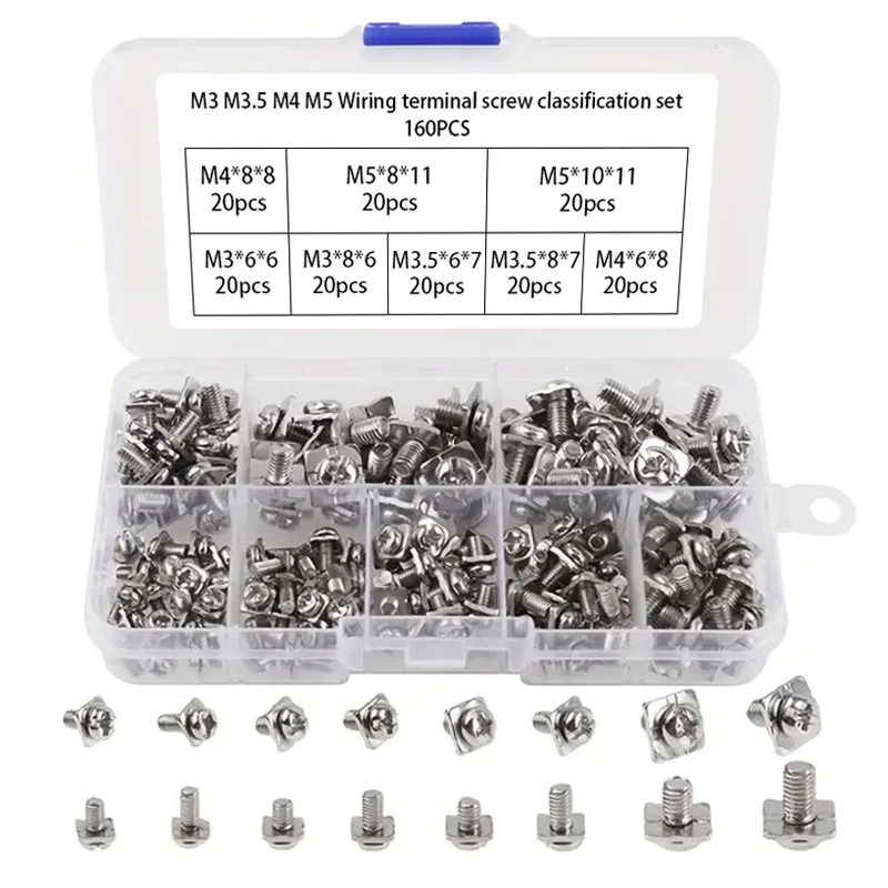 160pcs Electrical Wiring Terminals, Square Combination Screws, Round Head Cross Groove with Square Gasket, Two Combination Screw