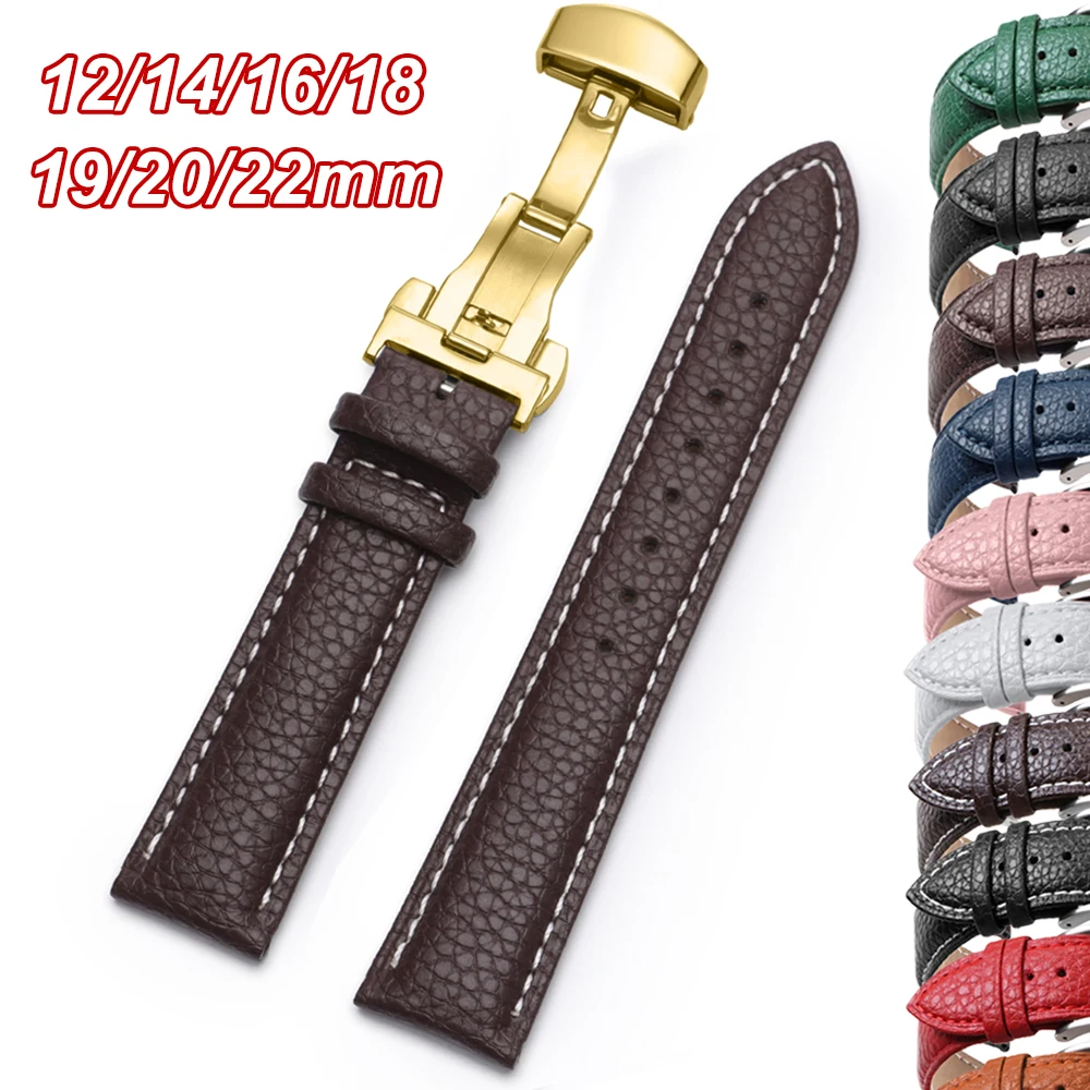 12/14/16/18/19/20/22mm Künstliche Kalbsleder Uhrenarmbänder Litschi Strap Pu Leder Armbanduhr Band Schmetterling Schnalle Uhr Zubehör