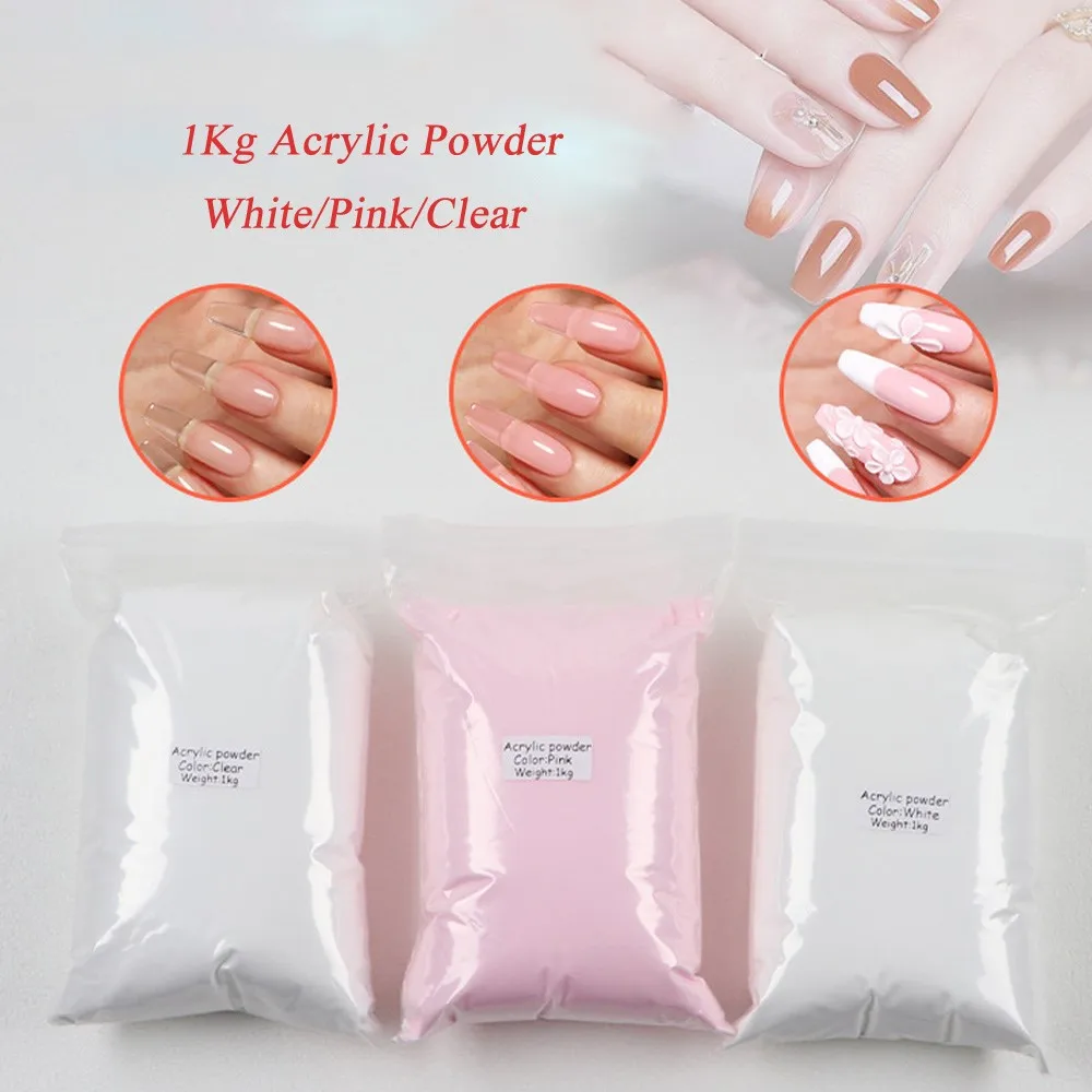 1 kg Acrylpulver für Nägel, nackt, rosa, klar, weiß, Tauchpulver, transparent, Verlängerung, Pigmentstaub, DIY-Maniküre, Nageldekoration