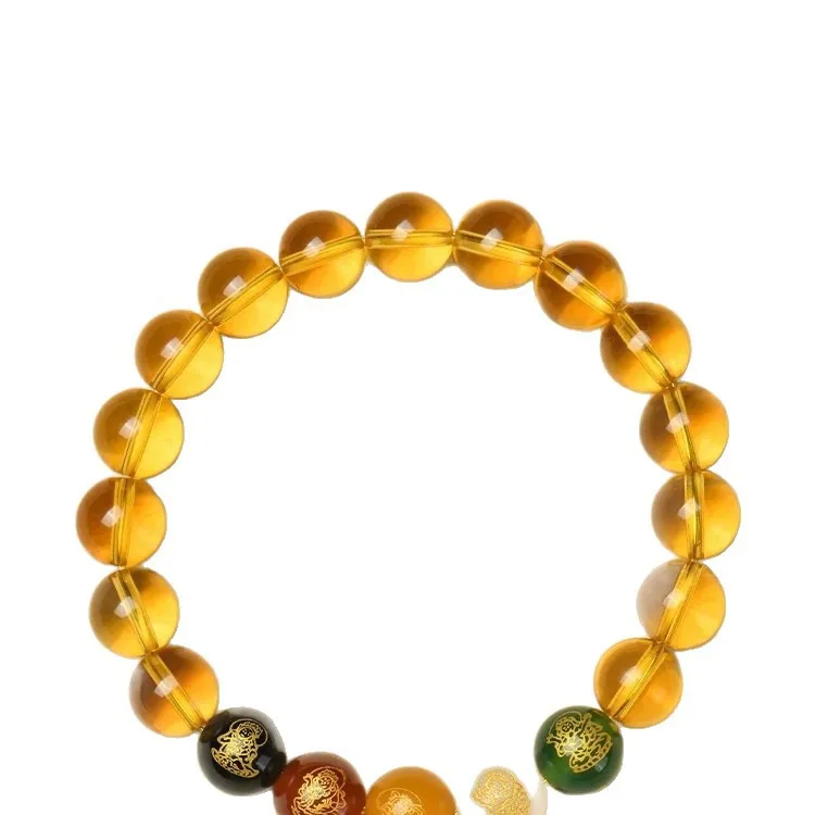 HQ الطبيعية الأصفر كريستال أساور خمسة الطرق إله الثروة النمط الصيني حسن الحظ سوار مُزين بالخرز تميمة مجوهرات هدايا زوجين #6