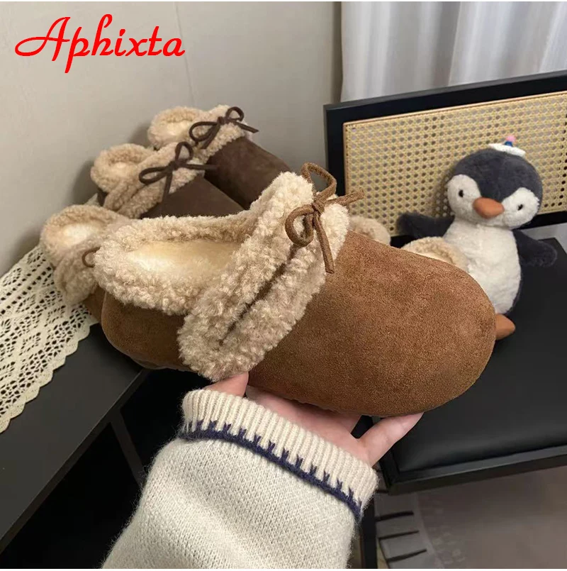 

Aphixta Fashion Upper Bowknot 3cm Flat With Half Slippers Women Leopard Platform Warm Cotton Round Toe Slip On Lady Shoes