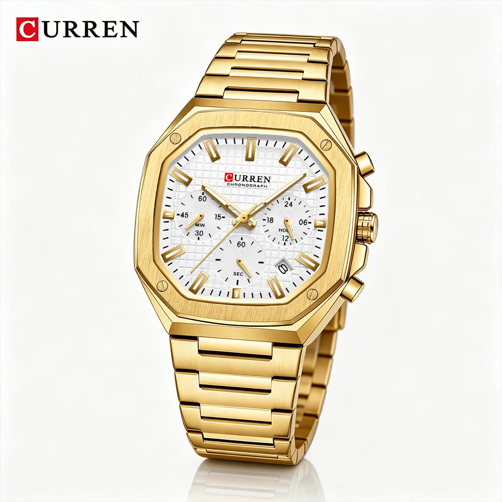 CURREN 8459 Men Chronograph Quartz Watch Square Dial with Luminous Stainless Steel Band Luxury Sport Relogio Masculino