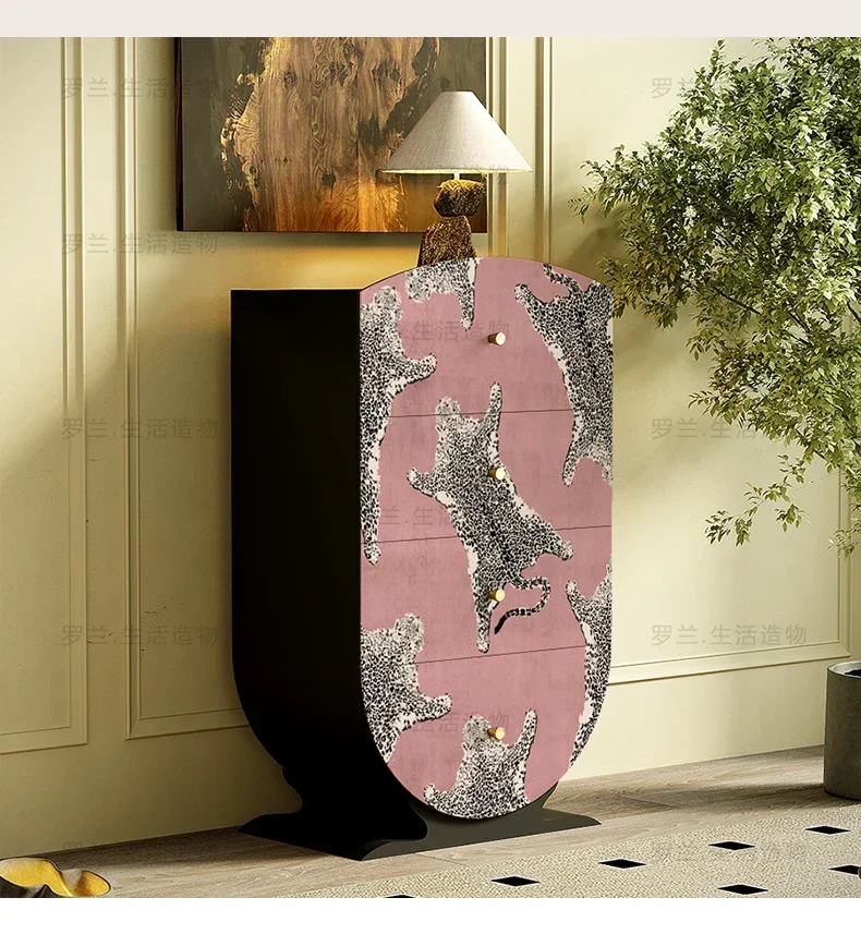 French pink leopard solid wood four-chest bedroom bedside storage cabinet