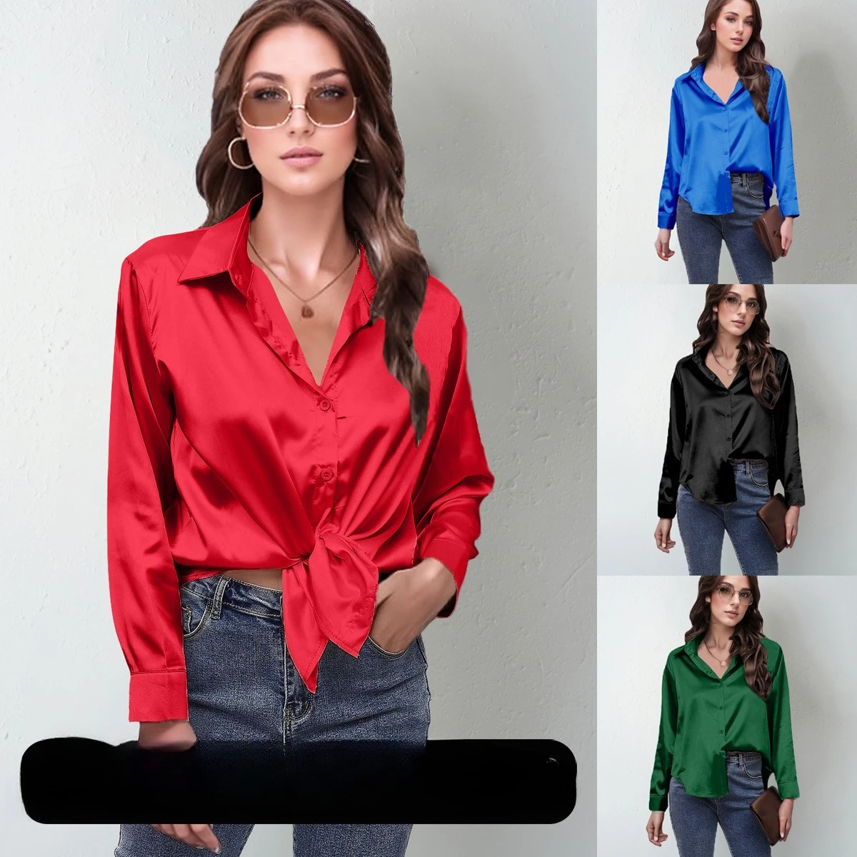 

Women's Satin Shirt Long Sleeve Blouse with Silk-like Sheen Spring Summer Shiny Top​
