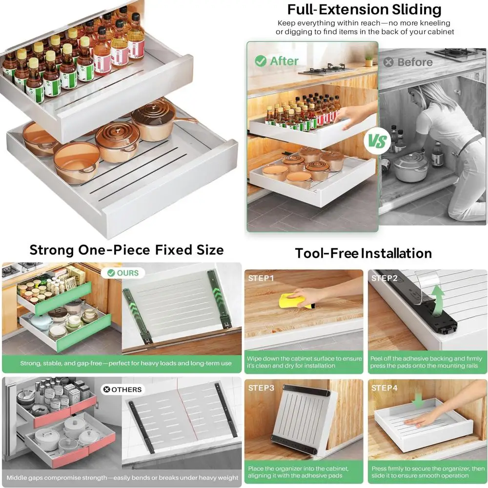 

Space-Saving 21 Deep, 16.9 Wide Roll-Out Drawer Organizer with Nano Adhesive for Kitchen, Bath, Pantry, Under Sink Storage (Whit