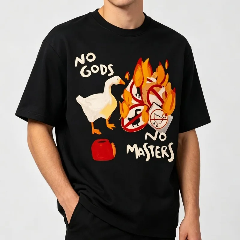 NO GODS NO MASTERS Men’s Funny Goose Print T-Shirt Soft Modal Casual Tee for Street Gift