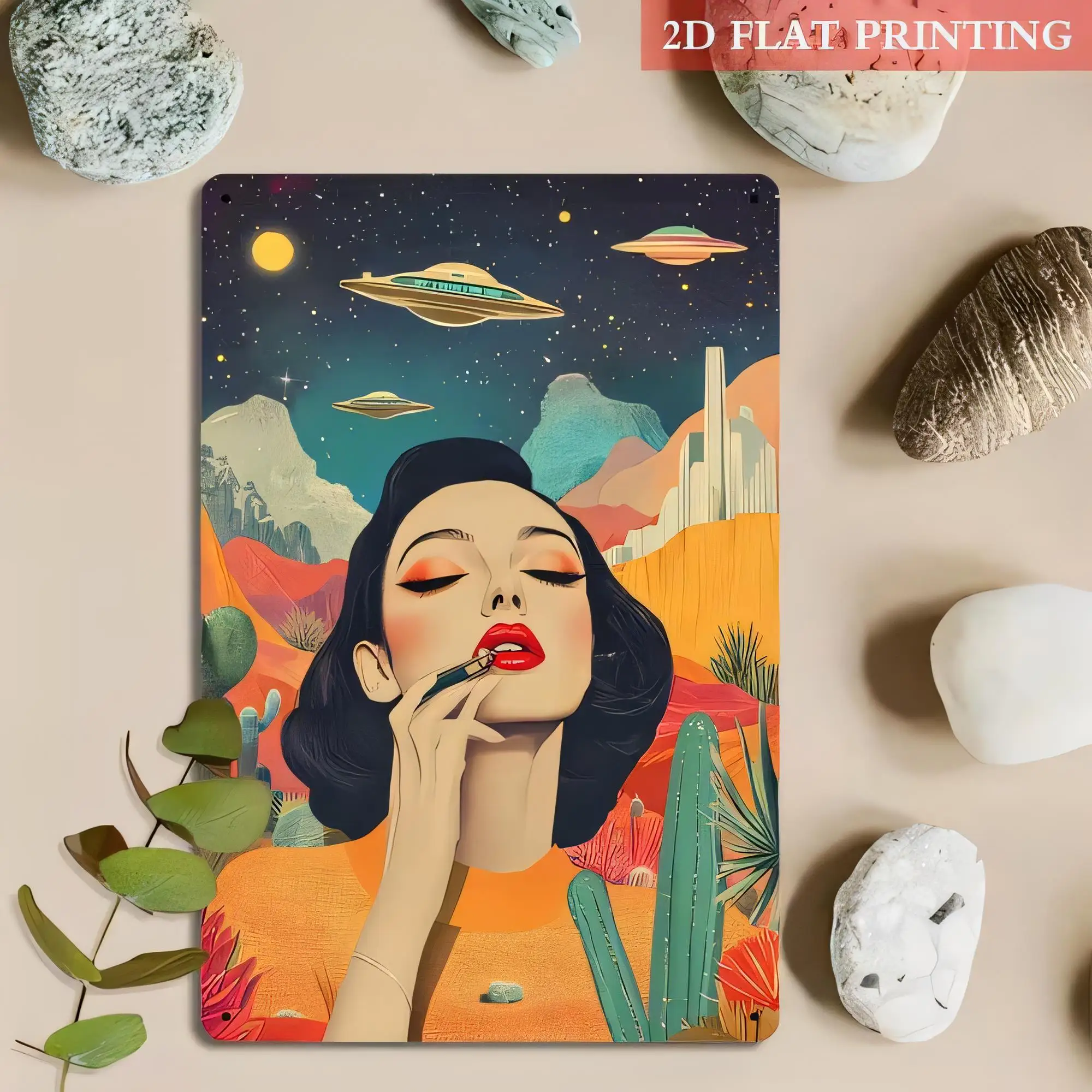 Tin Sign 2D Flat Printing Retro Space Girl With Planets UFO Astronaut Sci Fi Poster Wall Art Metal Plaque Vintage Home Bar Cafe