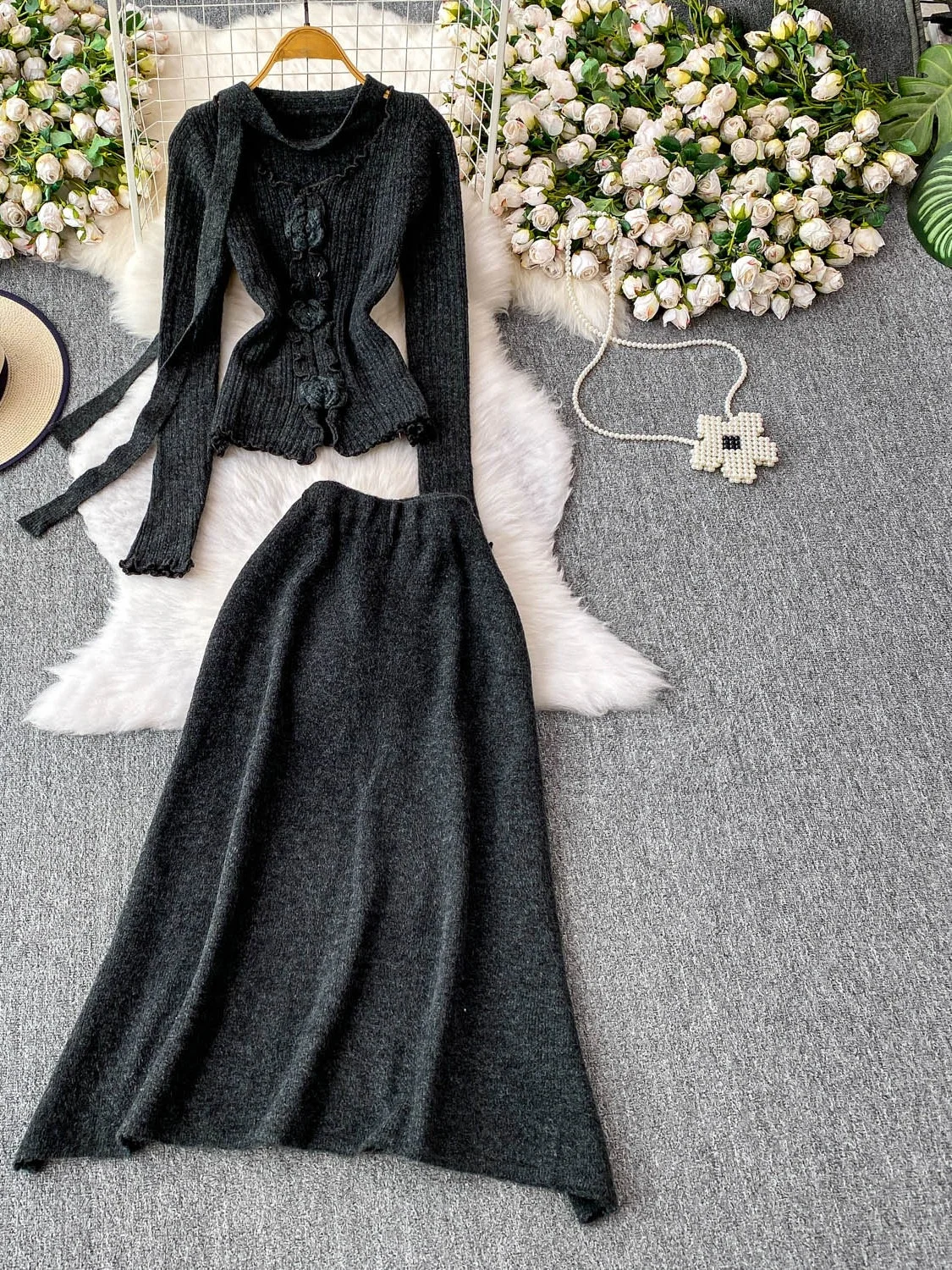 

Ele Вязаный длинный свитер-юбка-свитер с Sa round Ne 3D кружевной дизайн Юбка-трапеция с высокой талией для женщин