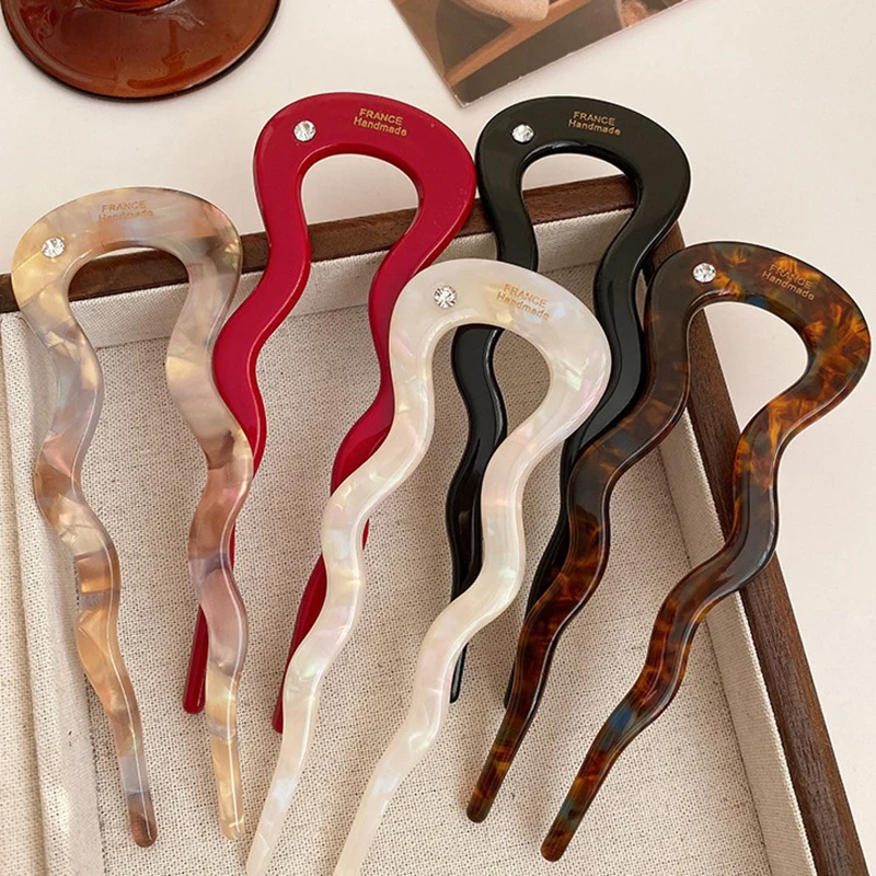 

French Twist Hair Stick Hair Clip Acetate Wavy U-Shaped Hairpin Vintage Tortoise Shell Women Hair Bun Pin Headwear Accessories