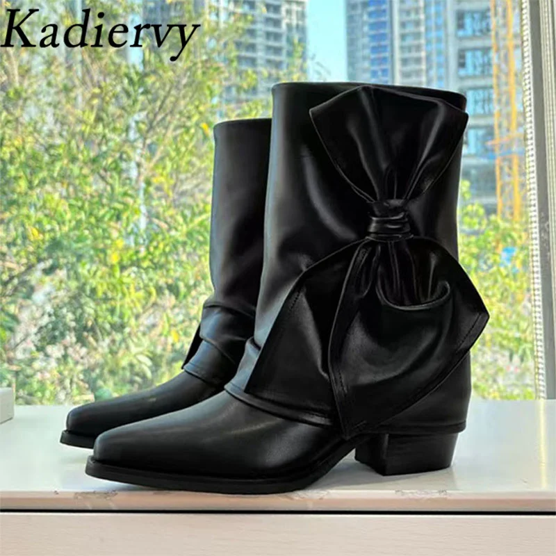 

Luxury Cow Suede Western Cowboy Boots Women Pointed Toe Square Heels Shoes Woman Butterfly-knot High Heels Short Boots Woman