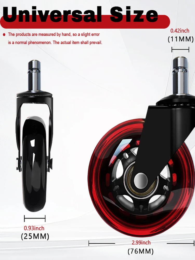 5 Pcs 3" Clear PU Office Chair Casters- Swivel Silent Wheels with Stem for Smooth Rolling
