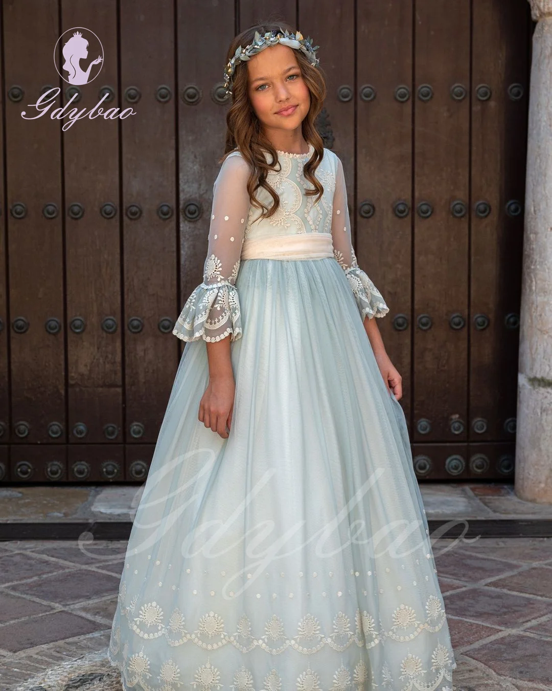 

Elegant Flower Girl Dress For Wedding Lace Applique Puffy Tulle 2/3 Sleeves Princess Kids Party First Communion Baby Ball Gown