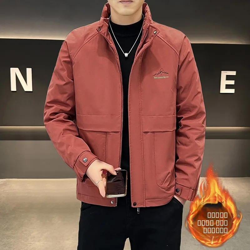 

Men's Cotton-Padded Thiened Stand Collar Jaet Autumn Winter Outdoor Warm Casual Sle Pure Color Workwear Fce Lined