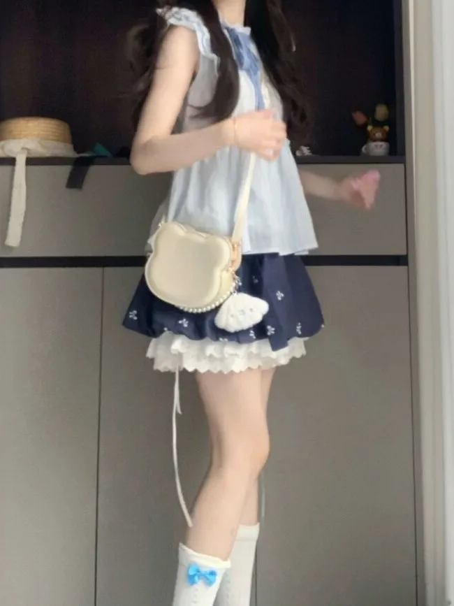 

Молодежный летний комплект: топ и юбка, удобный, дышащий, с высокой талией, круглым вырезом, коротким рукавом, женский модный ансамбль