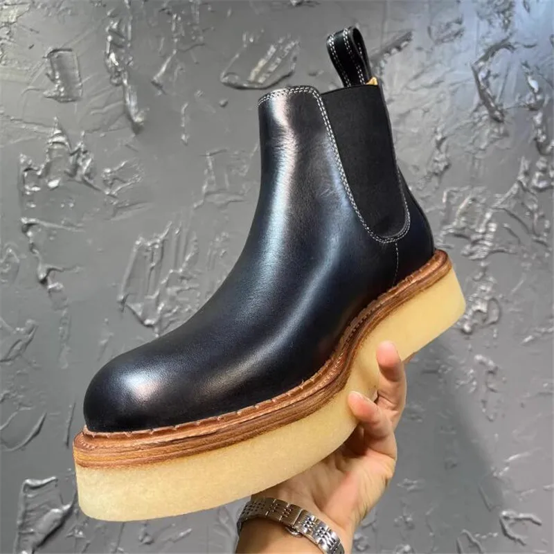 Fashion Man Chelsea Boots Chunky Heel Men Black High Designer Boot