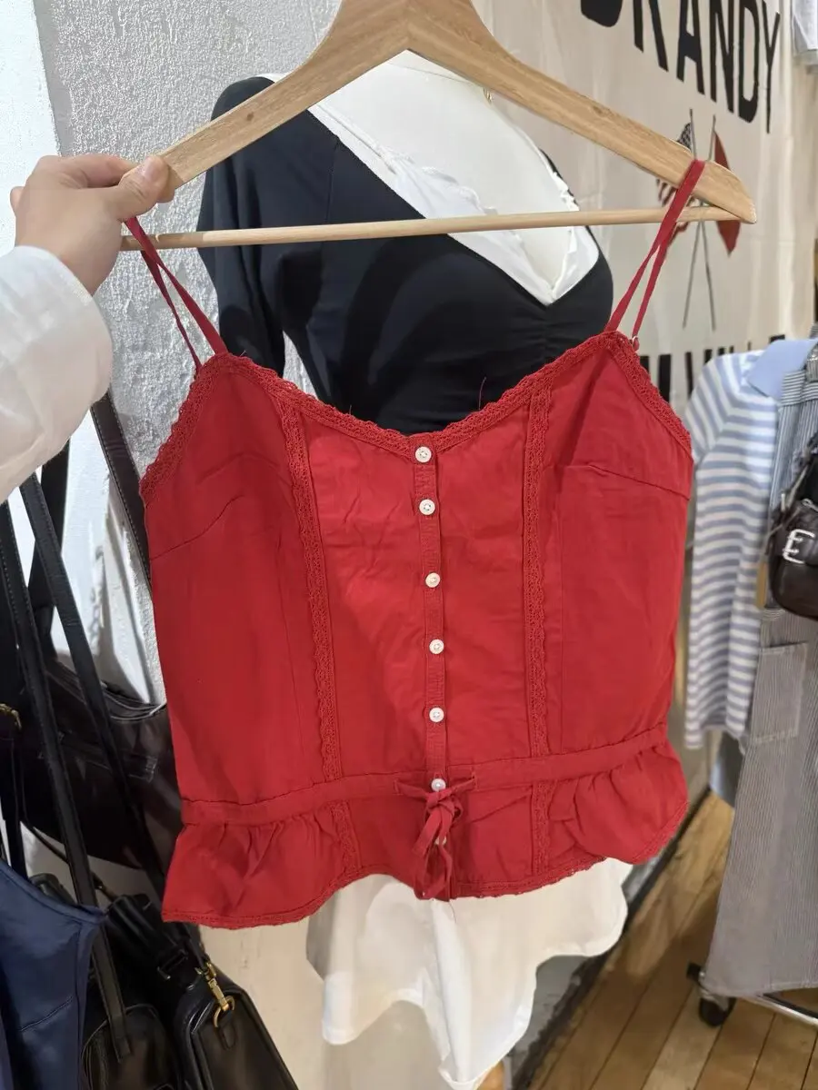

New Lace Trim Red Lace-up Tank Top Women Sexy V-neck Single Breasted Drawstring Camisole Summer Sweet Chic Preppy Style Y2k Tops
