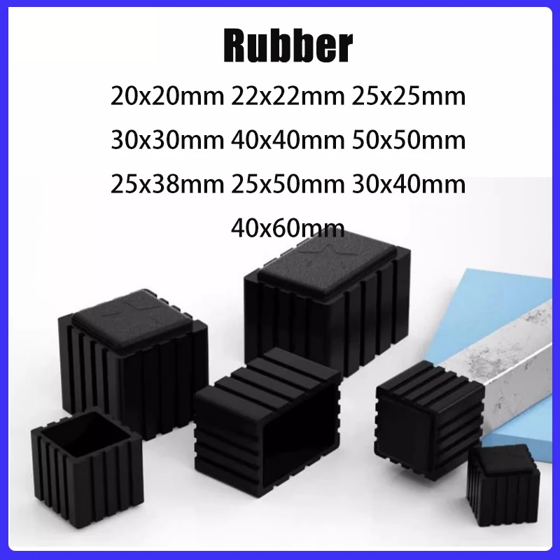 Square Rubber Black Chair Leg Caps Non-slips Table Foot Dust Cover Socks Floor Protector Pads Pipe Plugs Furniture Leveling Feet