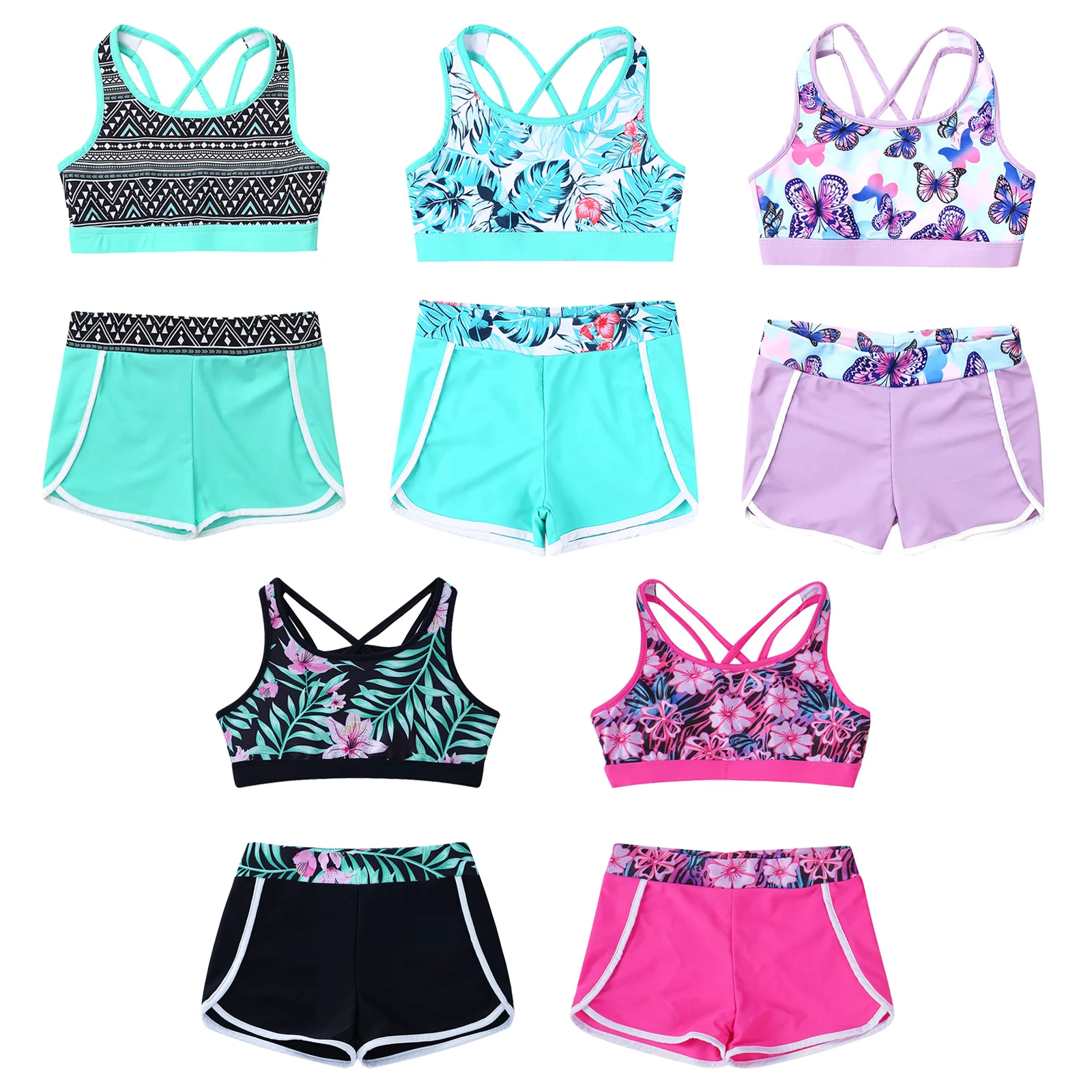 

Kids Girls Printed Swimsuit Outfit 2Pcs Strappy Back Crop Tops+Shorts Bottoms Set Swimwear for Beach Pool Swimming Bathing Suit