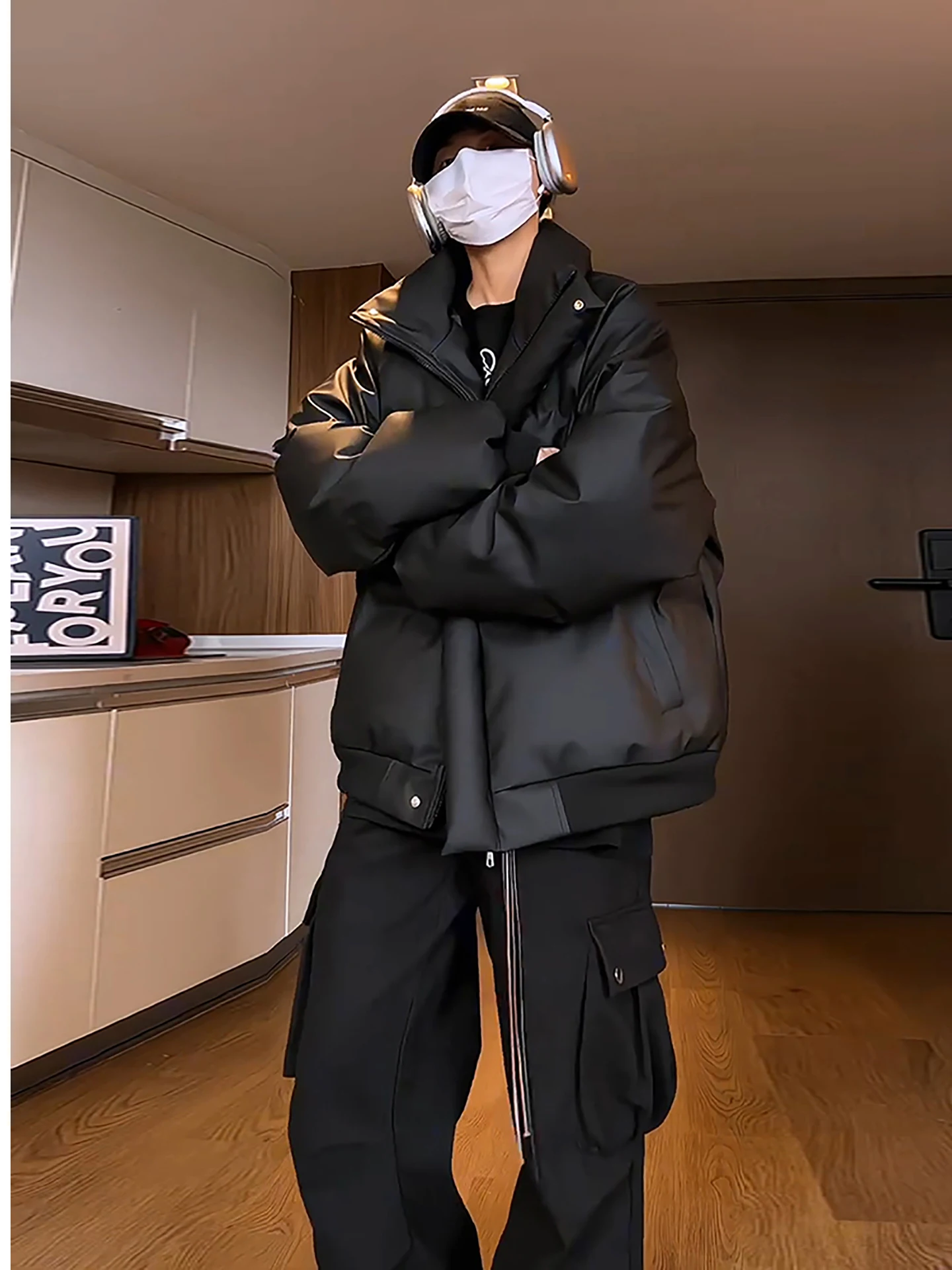 

Jiujiang ort Embroidered Men's down Jaet Winter PU Leather Bread Coat Stand Collar American High Street Cotton Clothes