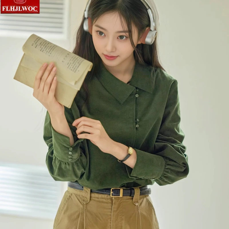 Retro Cord Hemd Neue Mode Frauen Herbst Winter Koreanischen Stil Vintage Hong Kong Casual Einfache Taste Solide Grün Lila top
