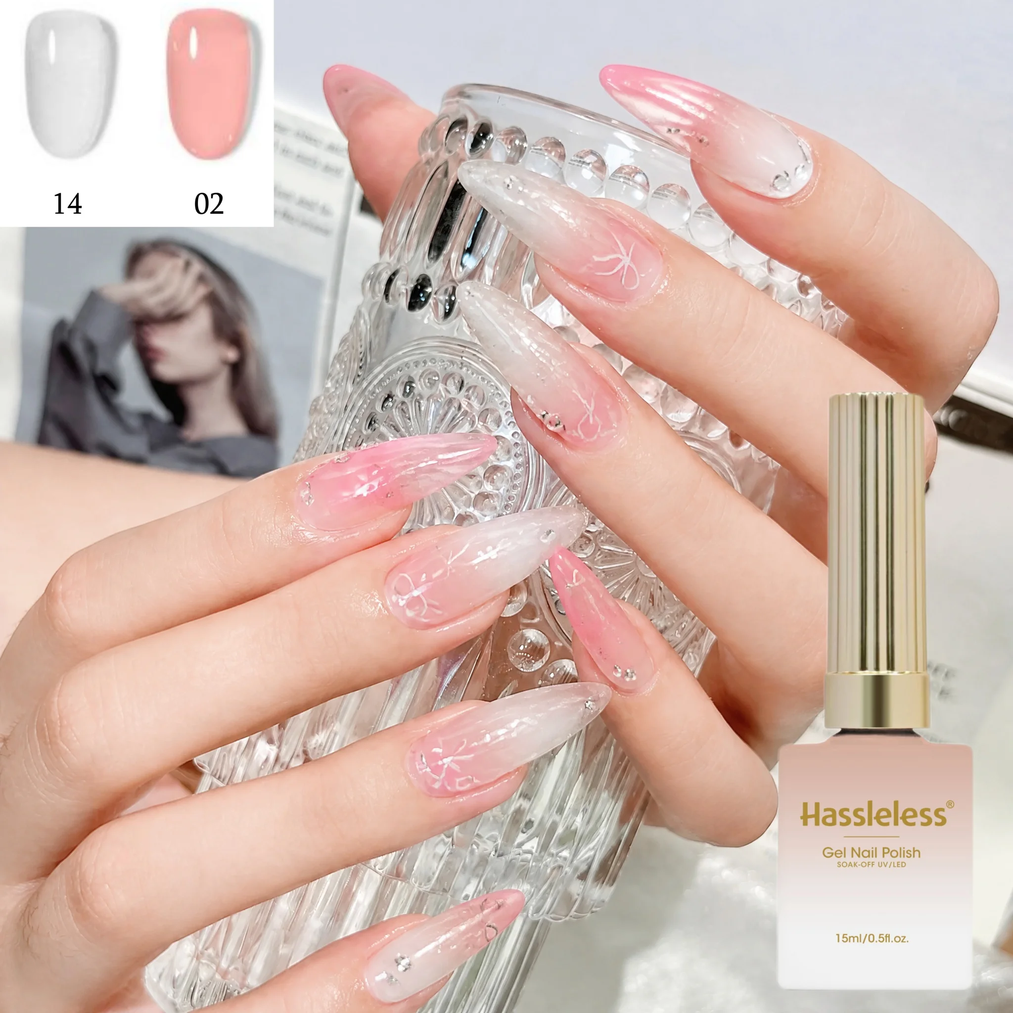 Hassleless 2Pcs Milky White Jelly Nude Color + Peach Nude Pink Nail Polish Gel Semi-Transparent White Removable Phototherapy Gel Long-Lasting Removable Nail Art Tools