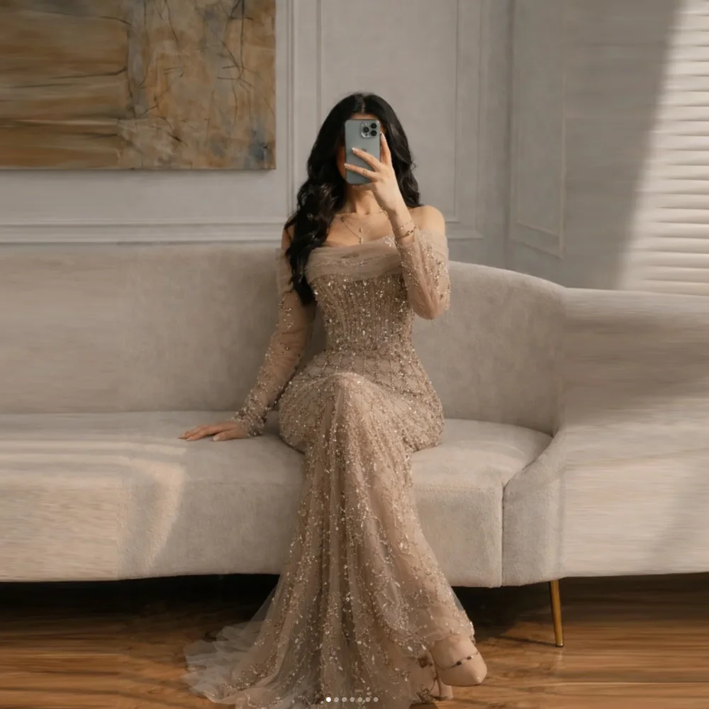 

Glamorous Long Sleeve Evening Dresses Off Shoulder Floor Length Mermaid Prom Gowns Crystals Formal Party Customized