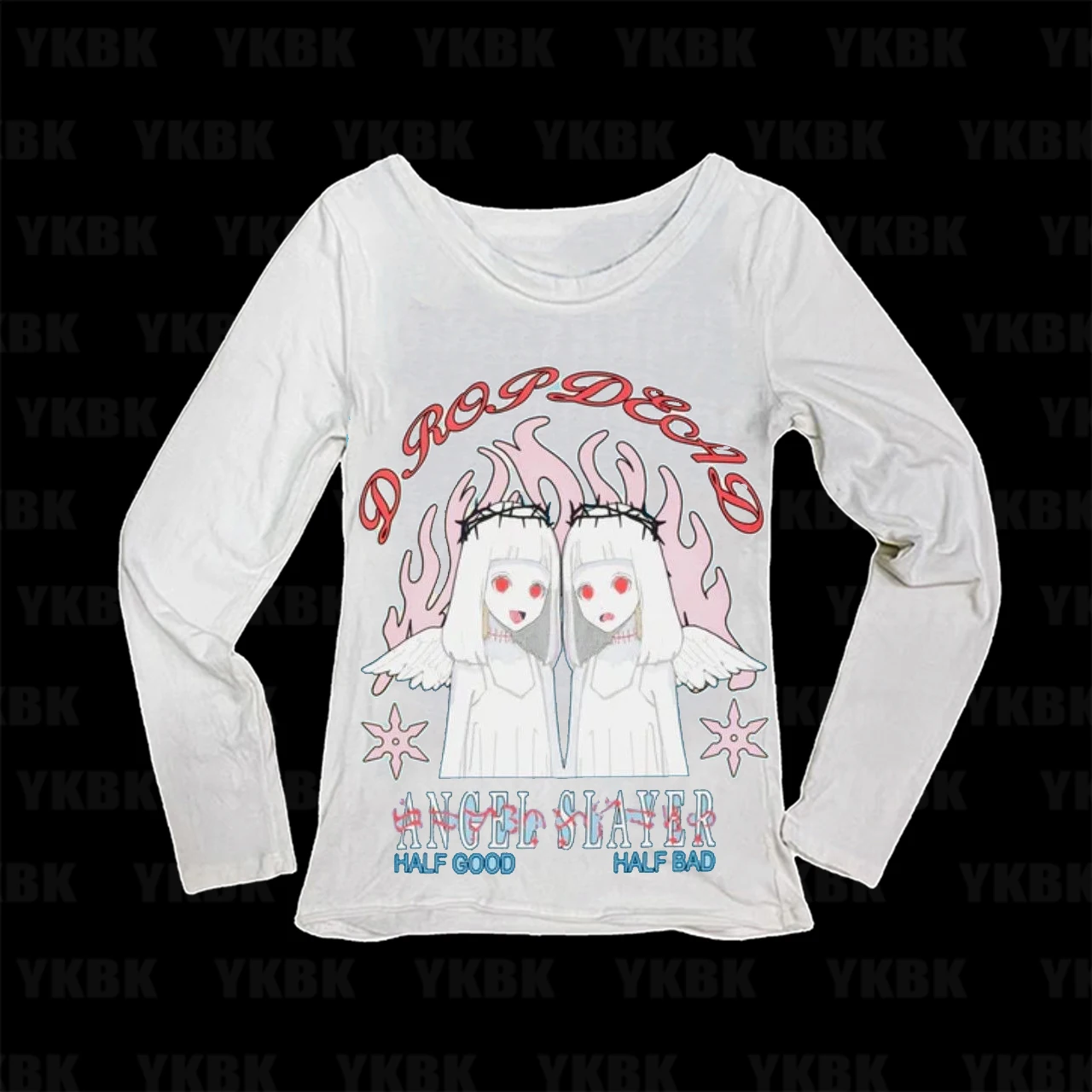 Y2K Gothic Women Long Sleeve T‑shirt Dropdead Angel Slayer Twin Angel Anime Graphic Slim Alt Streetwear Tops