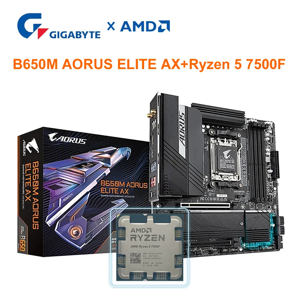 AMD Ryzen 5 7500F + GIGABYTE B650M AORUS ELITE AX Motherboard CPU Set DDR5 Socket AM5 Processor Micro-ATX 7500F+B650 Kit m-ATX