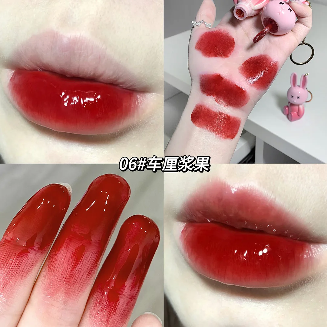 Cute Rabbit Mirror Lip Glaze Keychain Lipstick Waterproof Lip Gloss Long Lasting Non-stick Cup Women Lip Glaze Cosmetic 6 Colors