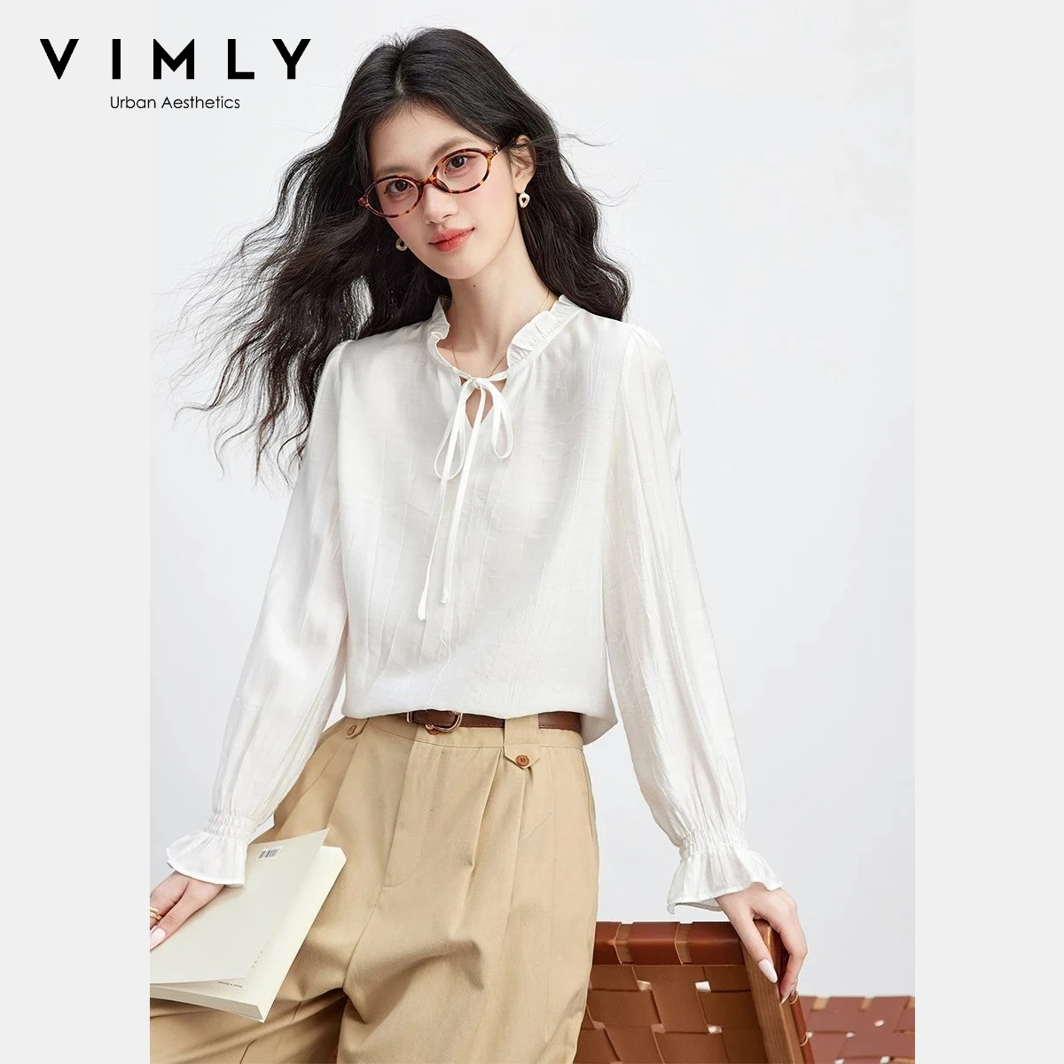 

VIMLY Women's Solid Blouse 2026 Spring New French Style White Ruffle Tie Round Neck Long Sleeve Elegant Casual Loose Shirt A5223