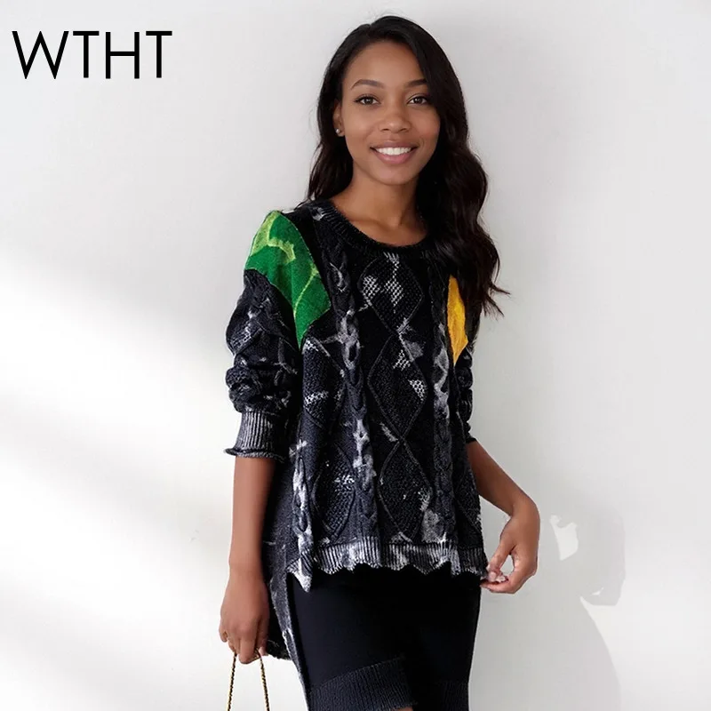 

WTHT модный женский свободный свитер контрастного цвета неправильной формы в стиле пэчворк, осень 2022, пуловеры с круглым вырезом и длинными рукавами, женские 1LS2531