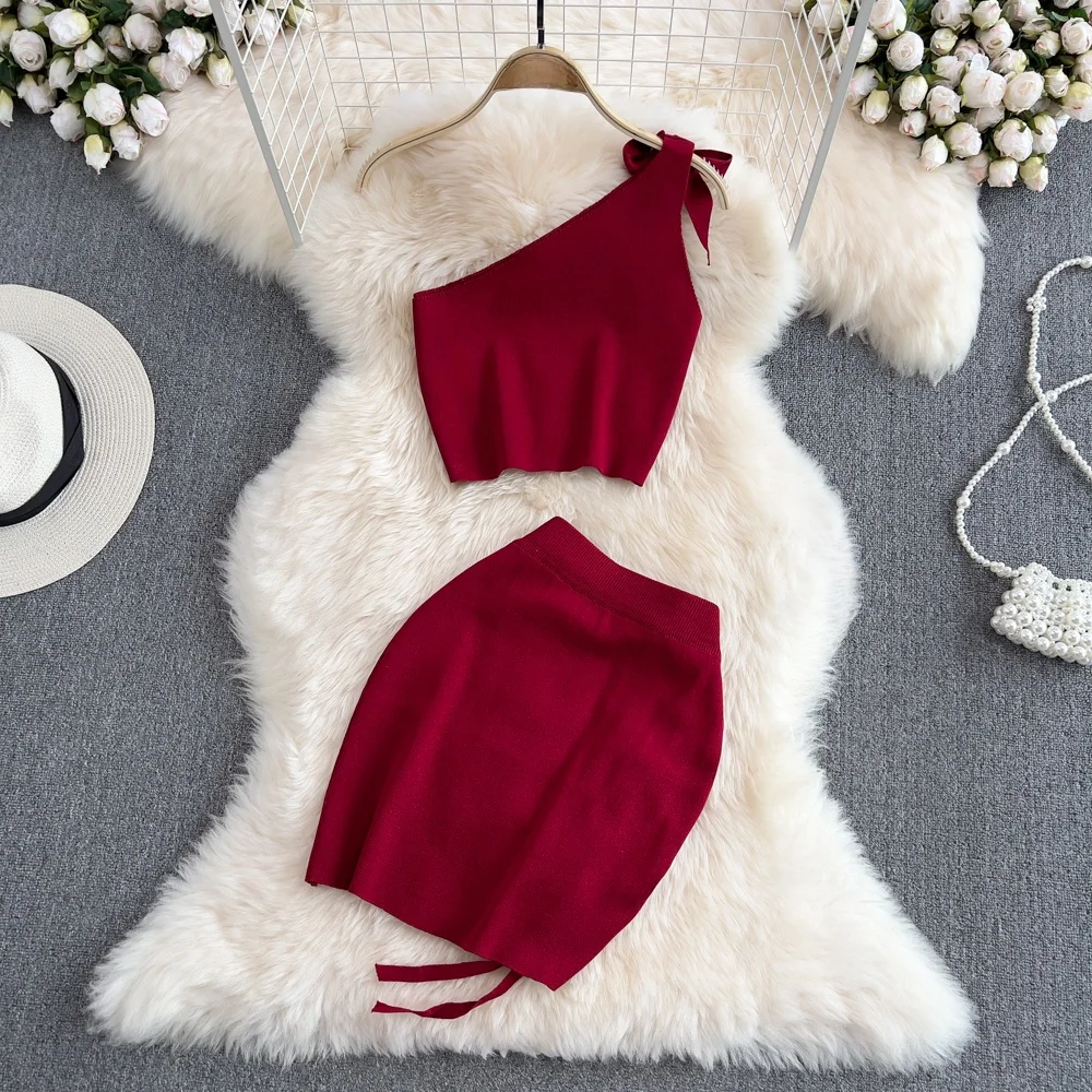 

Faionable Knitted Two-Piece Set Women Sexy Oblique Collar Single oulder ort Top High Waist ter Skirt f-length Summer