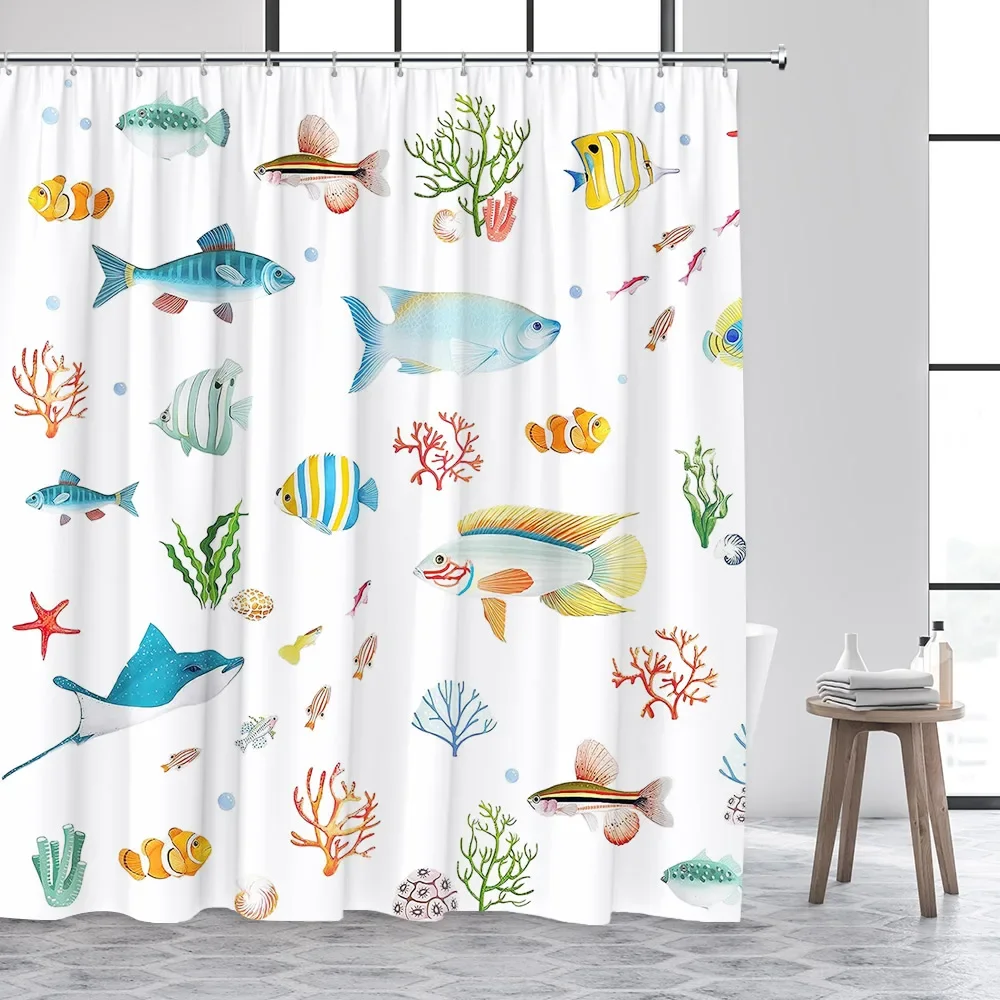 Tropical Fish Shower Curtains Watercolour Starfish Coral Ocean Animals Kids Bath Curtain Set Polyester Bathroom Decor with Hooks