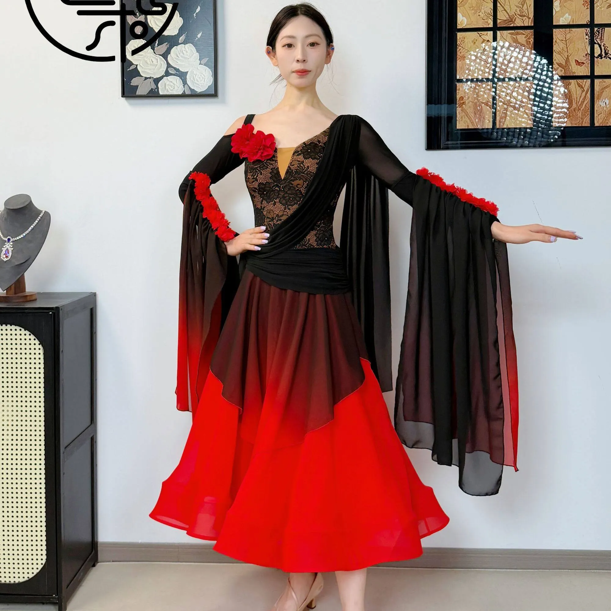 2026 New Ballroom Dance Performance Dress Women Waltz Dancing Clothes Red Black Flower Long Dress Prom Club Dance Wear  BL20315
