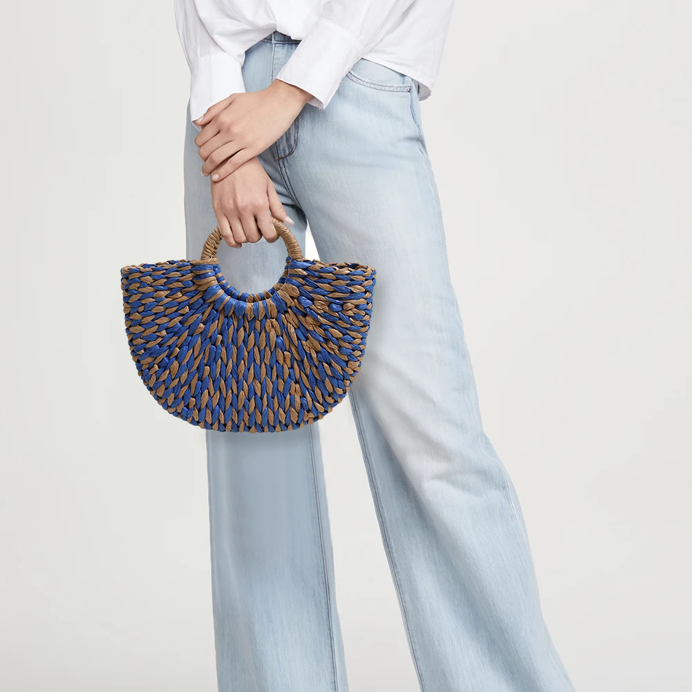

Женская соломенная сумка-тоут большой вместимости, повседневная дорожная сумка, сумка-тоут с контрастными цветами, полукруглая плетеная сумка, летняя пляжная сумка
