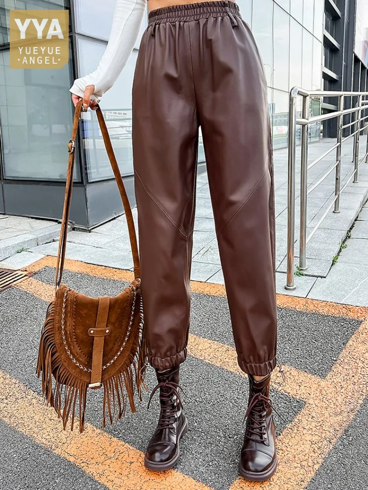 Women Elastic Waist Genuine Leather Pants High Street Ankle Length Trousers New Female Hip Hop Sheepskin Cargo Pants Size S-4XL