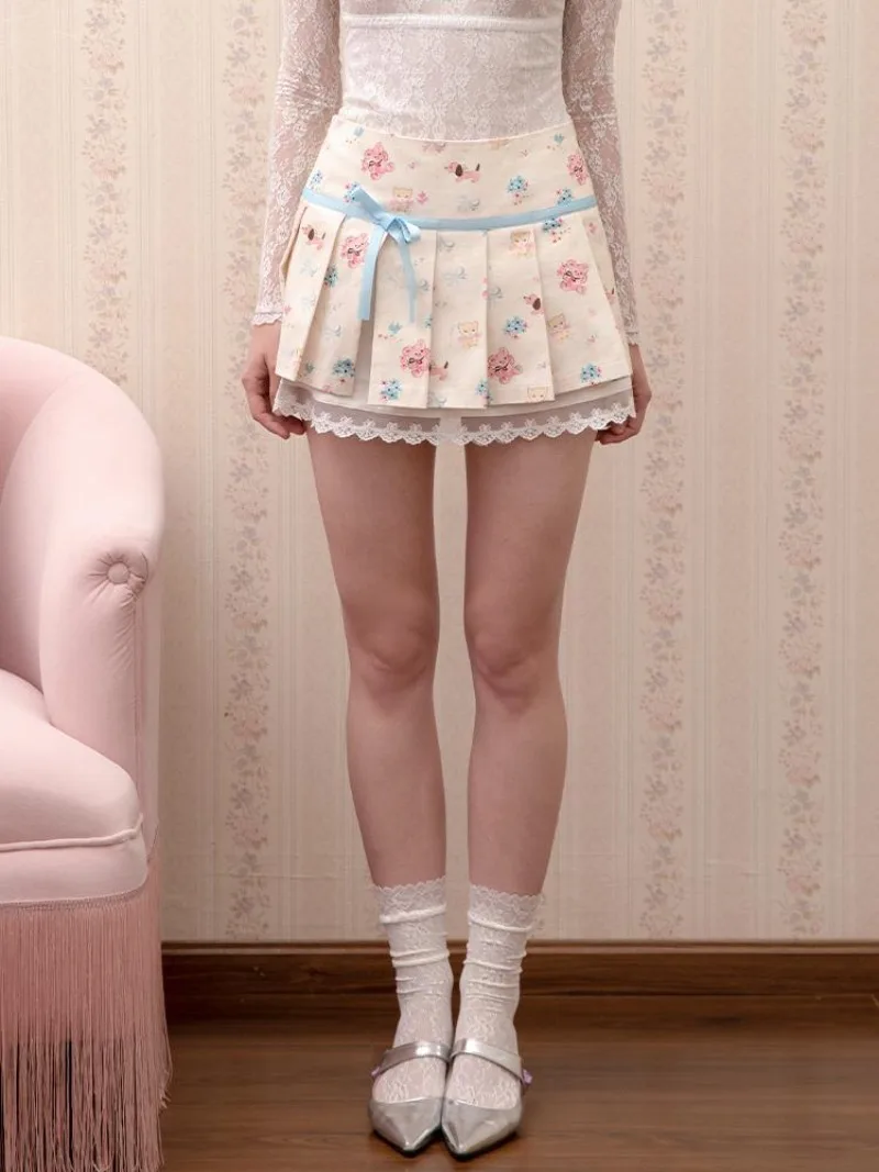 Japanese Sweet Preppy Style Lace Bandage Bow Skirts Cat Dog Bear Print A-line Women Korean Pleated Skirt Y2k Kawaii Folds