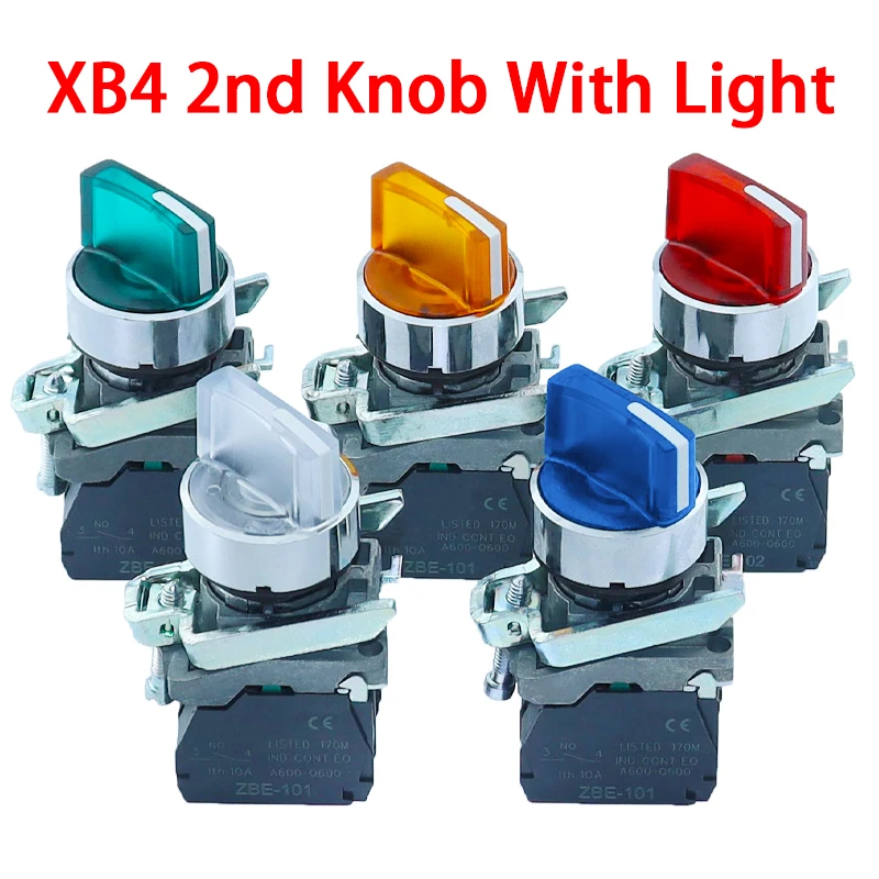 XB4 Button Switch Knob Switch, 2nd Gear, 3rd Gear, Instant Self Resetting, Flat Head, 22mm, Power Button Switch with Light, XB4