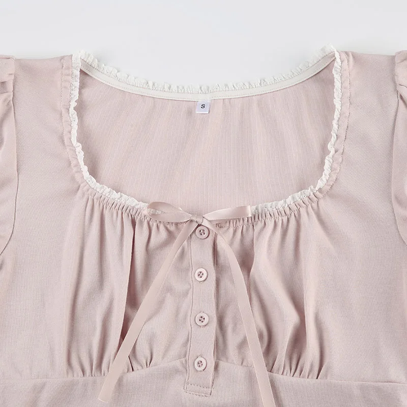 Sweet Button-up Top Women's Summer Cute Slim-fitting Contrast Lace Stitching Bow Square Collar T-shirts Y2K Korean Tees