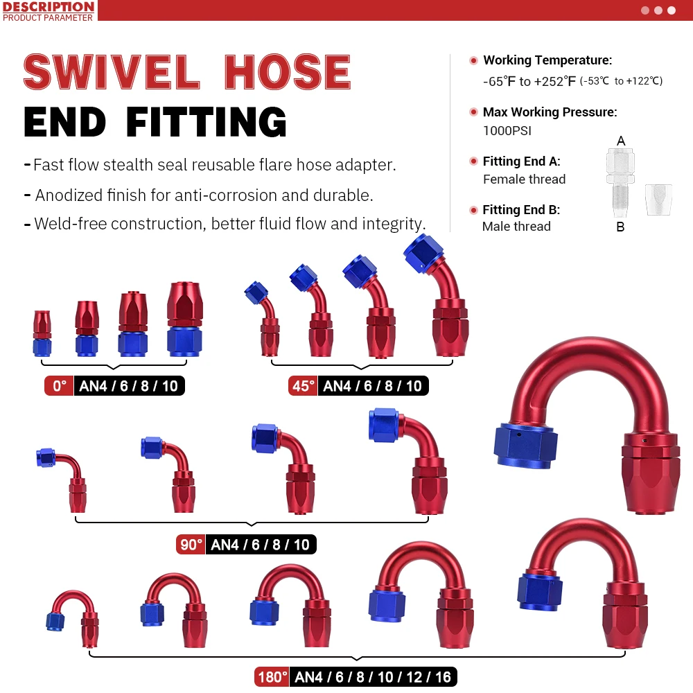 AN6 AN8 AN10 AN12 AN16 Straight 0 45 90 180 Degree Oil Fuel Swivel Hose End Fitting Oil Hose End Adaptor Kit Red and Blue