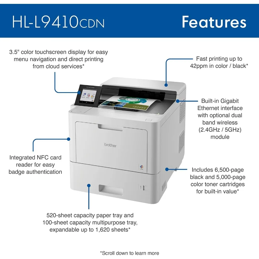 HL‐L9410CDN Enterprise Color Laser Printer with Fast Printing, Large Paper Capacity, and Advanced Security Features