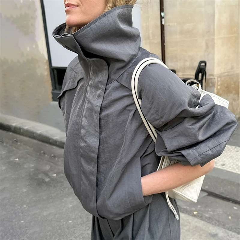 

Retro Gray High Neck Windproof Jacket Spring And Autumn Women Fashion Street Travel Hiking Office Commuting Warm Casual Jacket