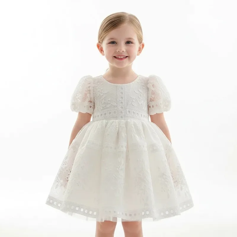 Baby Girl 1st Birthday Party Dress Puff Sleeve Toddler Girls Princess Dresses with Bow Kids Ball Growns White Wedding Dress