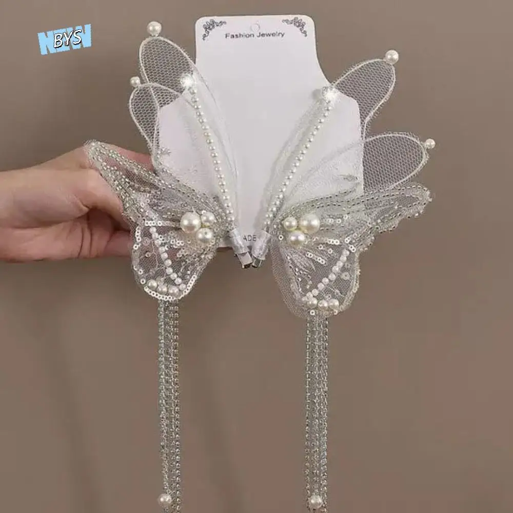 

Elegant Tassel Butterfly Hair Clips Large Mesh Pearl Barrettes Beaded Fairy Duckbill Clips Ladies