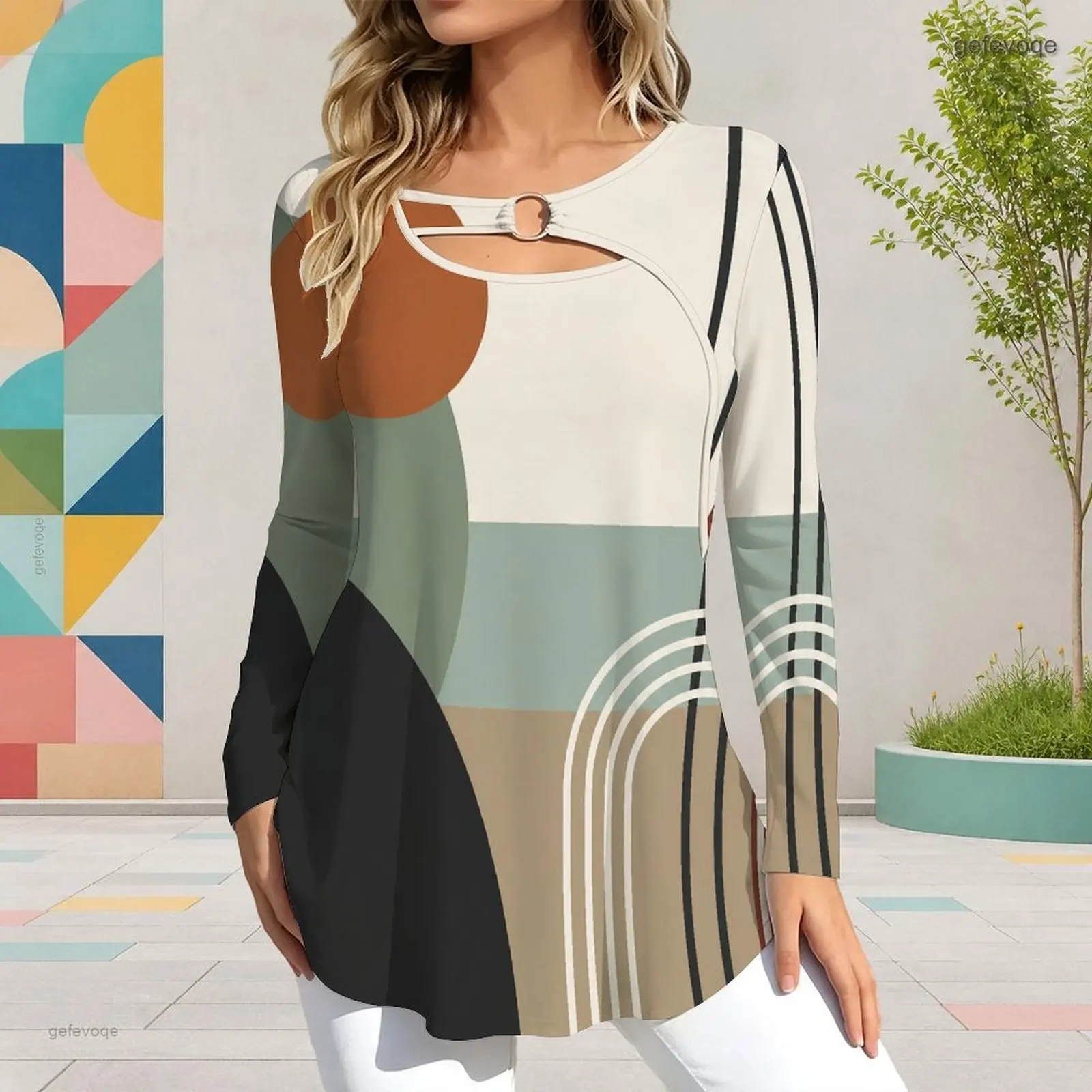 Women Top with Print Keyhole Ring Neck Long Sleeve Flared Hem