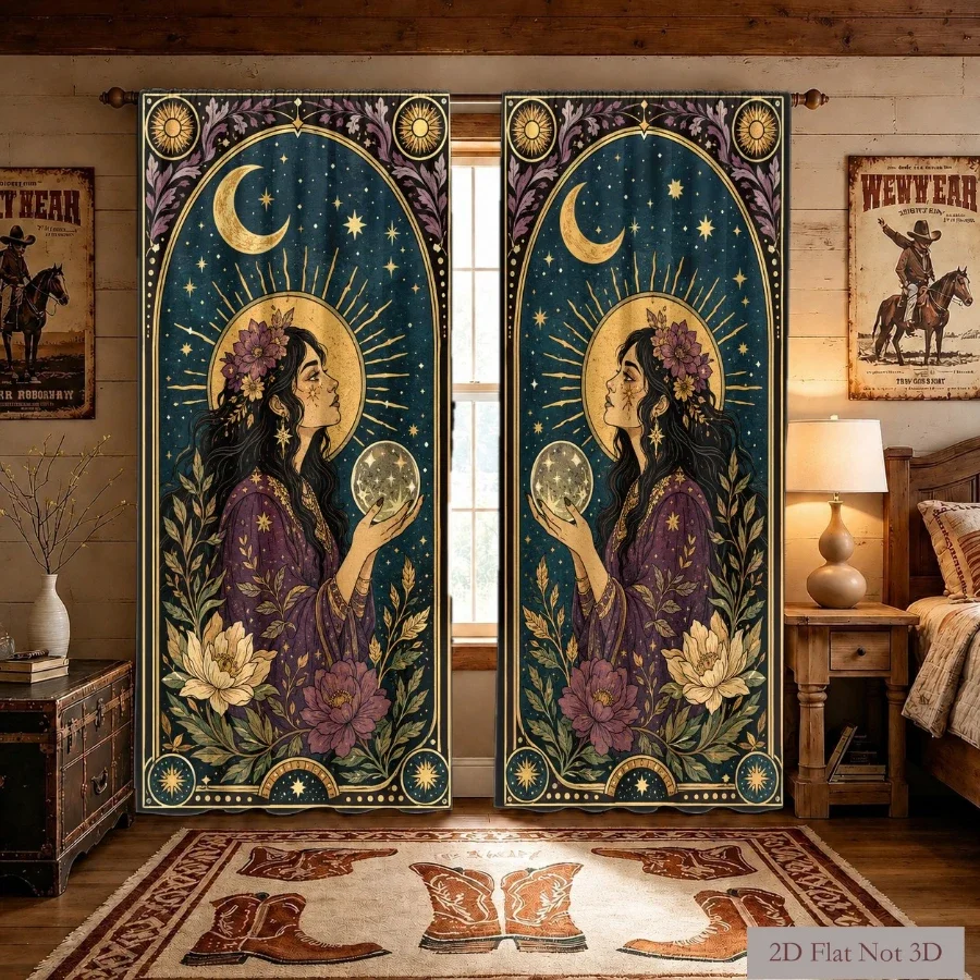 Bohemian Celestial Goddess Curtain Pair Boho Witchy Moon Star Tapestry Window Drapes for Bohemian Home Decor