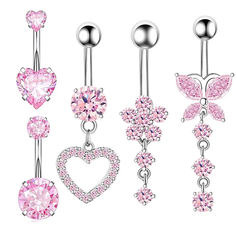 Surgical Steel Gold Dangle Belly Button Ring for Women Pink Dangly Belly Rings 14G Hypoallergenic Navel Belly Button Piercing
