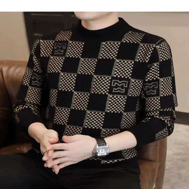 Checkered sweater for men's autumn and winter new fashion brand jacquard knitted sweater with half high collar and bottom